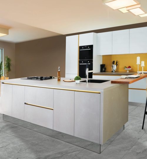 Sleek and modern kitchen interior featuring a large island and open shelving in a contemporary setting.